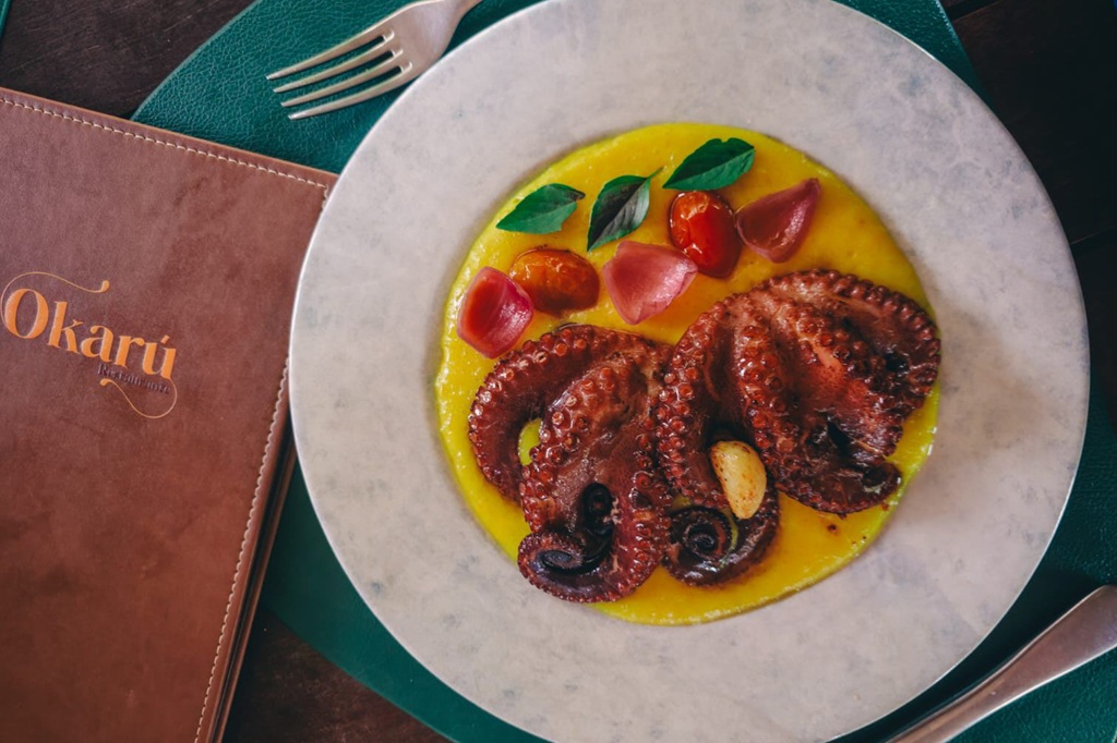 Polvo grelhado com purê de macaxeira, vinagrete de maçã verde e chips de batata-doce, Okarú